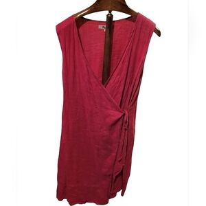 Flax 100% Linen Red Sleeveless Wrap V Neck Midi Dress Size Large
